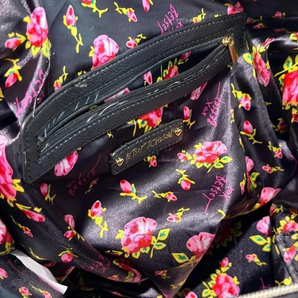 Betsey Johnson Quilted Black‎ Heart Bow Satchel Tote Floral Lined Travel Bag